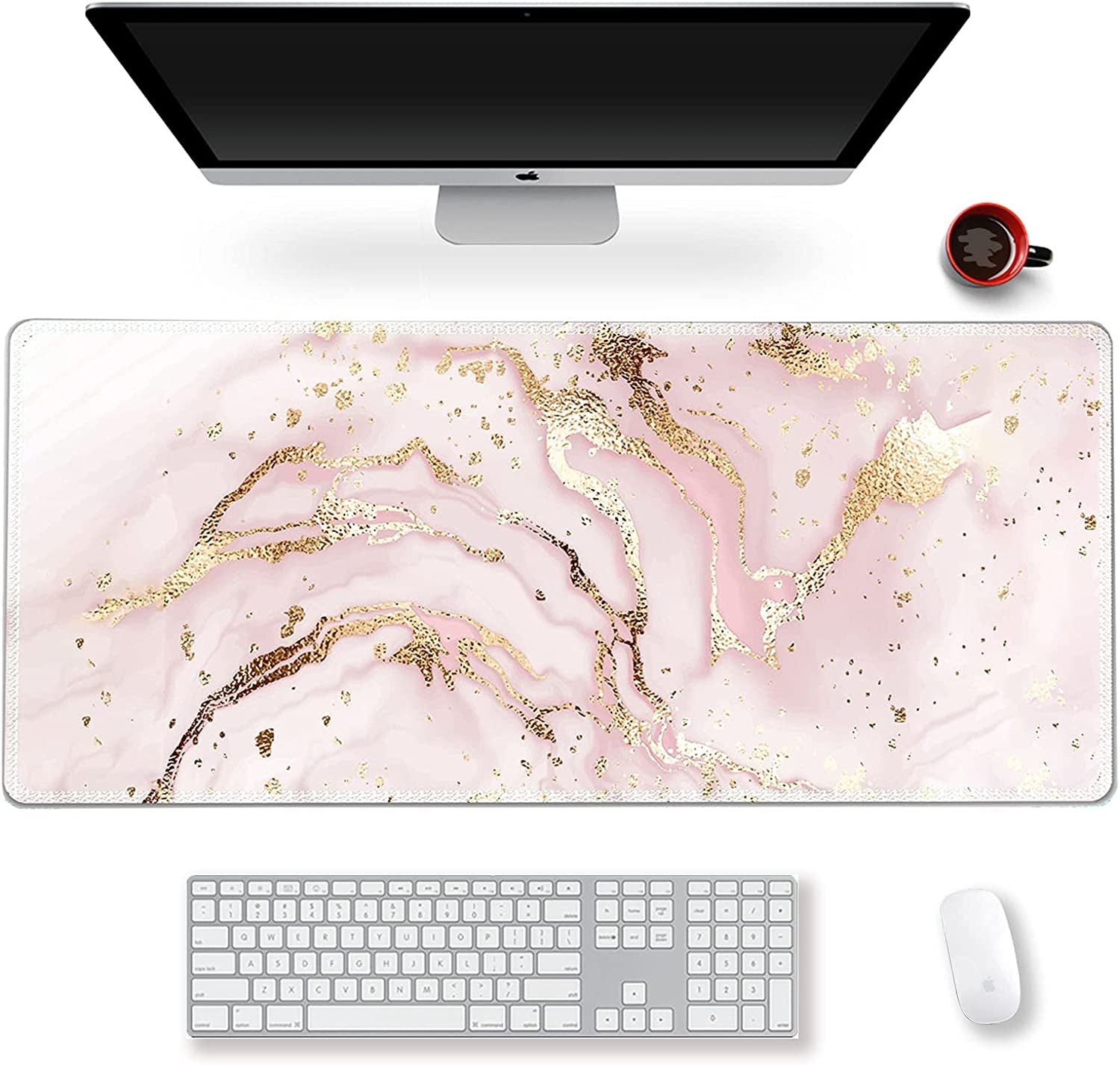 Extended Gaming Mouse Pad XXL Large Keyboard Mat Long Mousepad Desk Decor Writing Pad Non Slip Rubber Base Stitched Edges for Work, Game, Office, Home, 35.1" X 15.7", Pink Marble