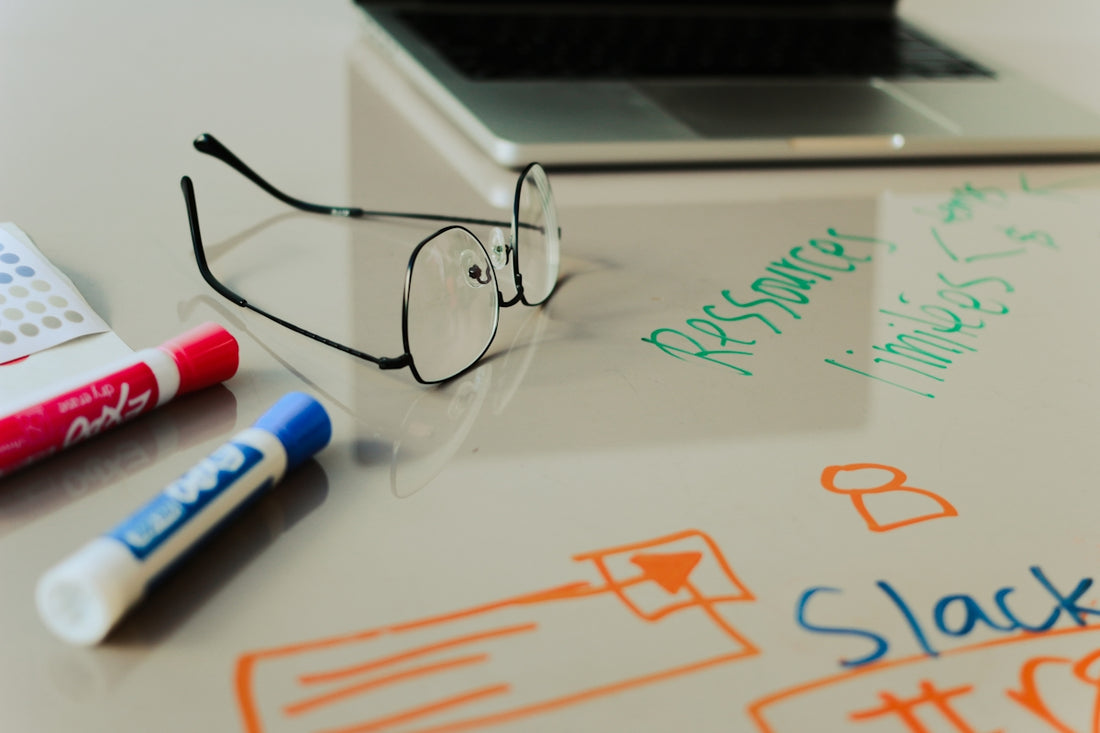 Glasses and markers on a whiteboard with notes.