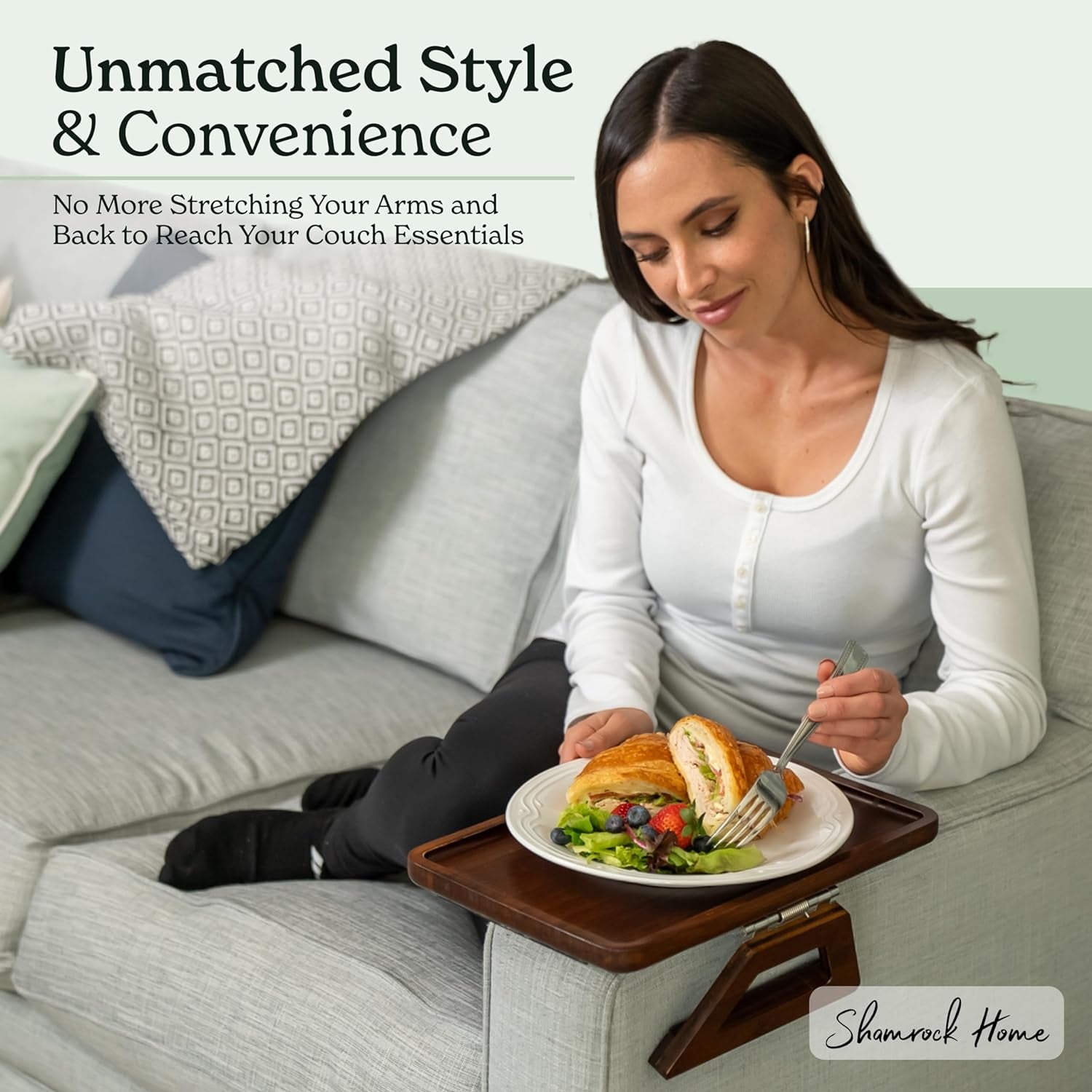 Bamboo Couch Arm Table - Clip-On Tray for Snacks, Drinks & TV Dinners, 13.75 x 9.5 Inch, Brown
