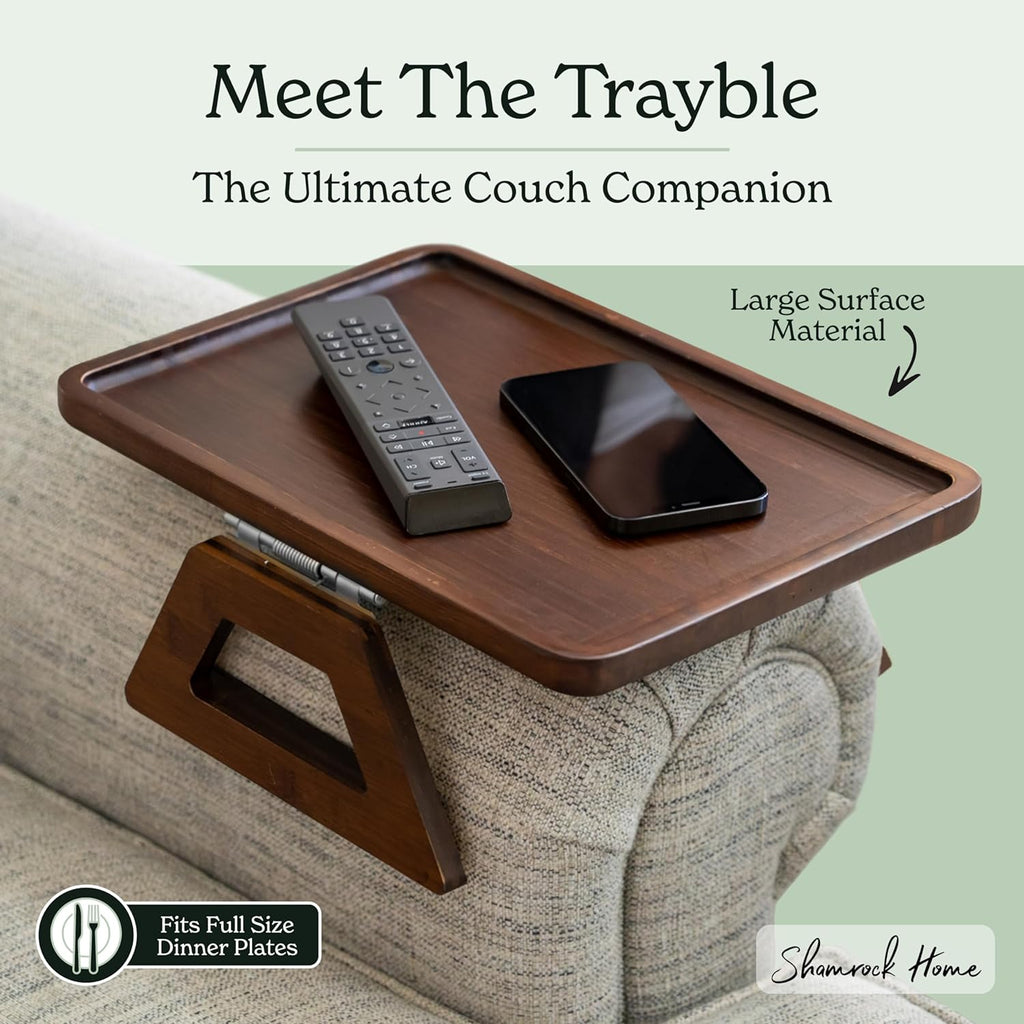 Bamboo Couch Arm Table - Clip-On Tray for Snacks, Drinks & TV Dinners, 13.75 x 9.5 Inch, Brown