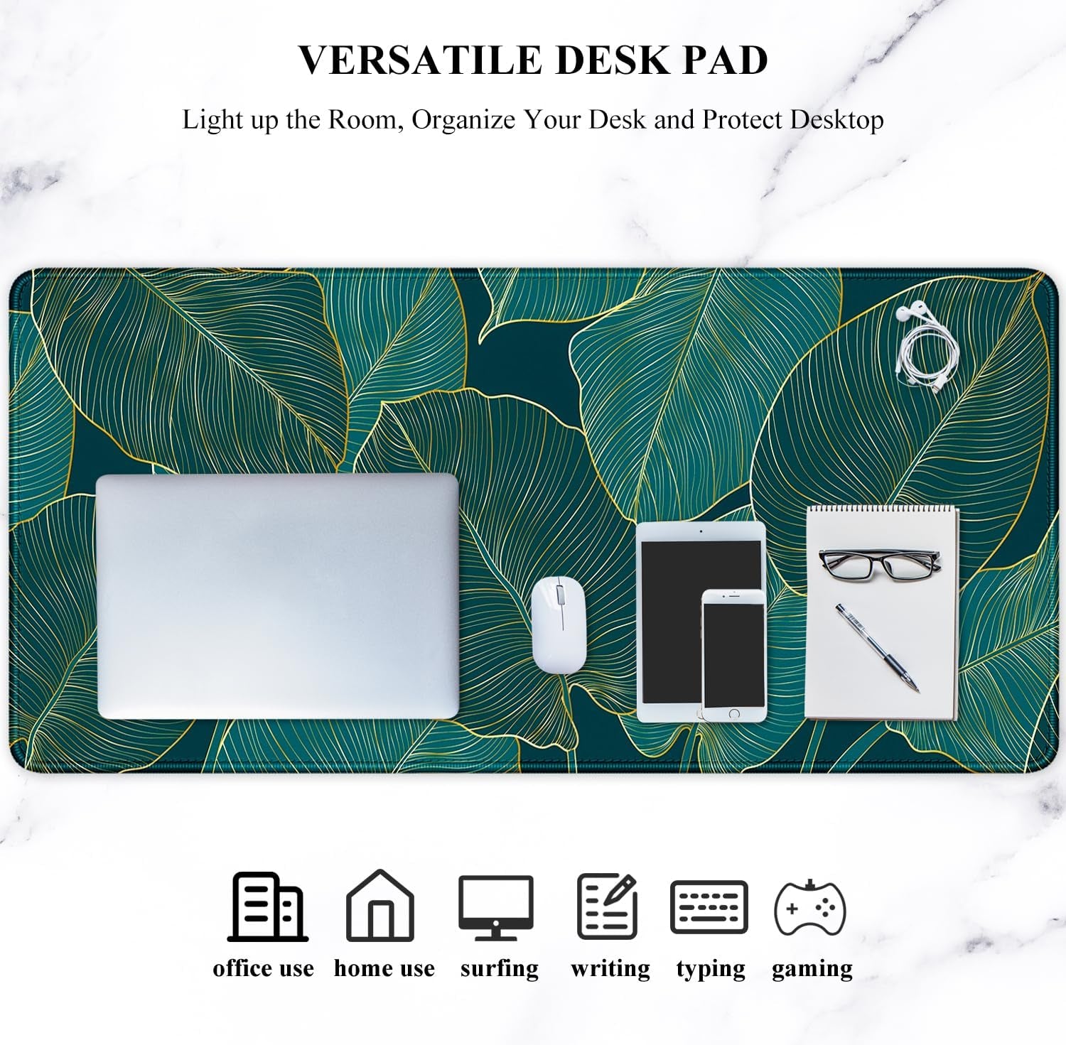 Desk Mat, Ultra Large Mouse Pad, XXL Gaming Mousepad, Green Tropical Leaves Deskpad, Big Extended Full Size Mouse Pad, Desktop Desk Matt for Keyboard, Laptop & Computer, 35.5 X 15.7 In