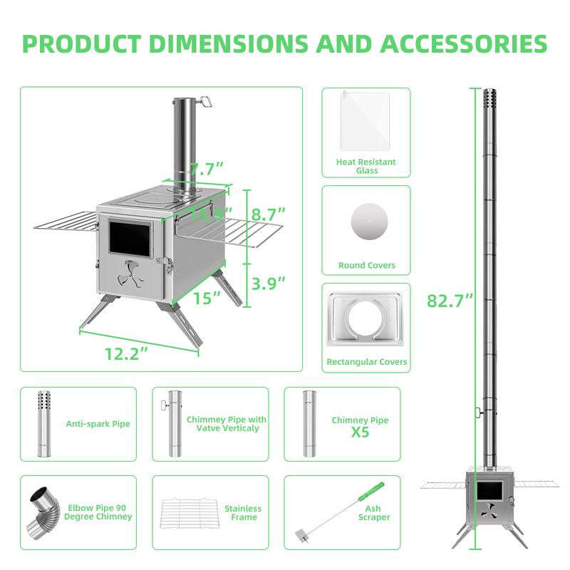 Docred Tent Wood Stove, Camping Gear for Hot Tent, 83 Inch, Portable Stainless Steel Wood Burning Stove with 7 Chimney Pipes & Gloves for Wall Tent Camping, Cooking, Ice Fishing, Hunting, Boiling Water, Keep Warm