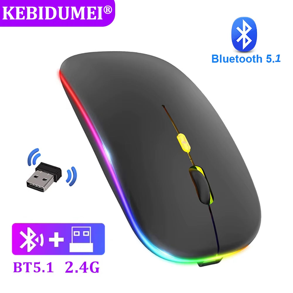 Sleek Rechargeable Bluetooth Mouse - 2.4GHz Wireless, Silent, LED Backlit, 1600 DPI for Ultimate Gaming & Productivity on PC & Laptop