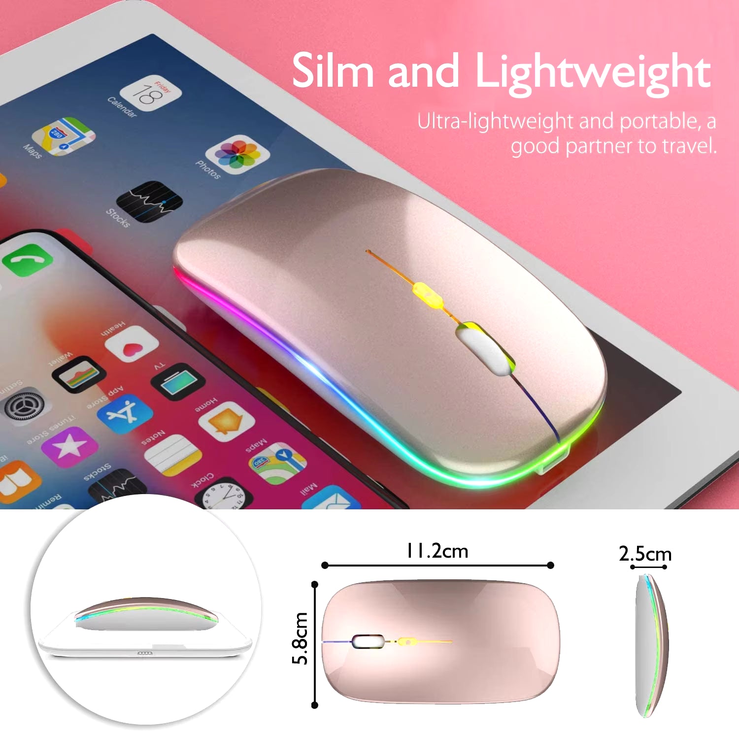 Sleek Rechargeable Bluetooth Mouse - 2.4GHz Wireless, Silent, LED Backlit, 1600 DPI for Ultimate Gaming & Productivity on PC & Laptop