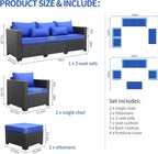 Royal Blue Wicker Furniture Couch Set - 5 Piece Patio Sectional with Cushions & Rattan Covers