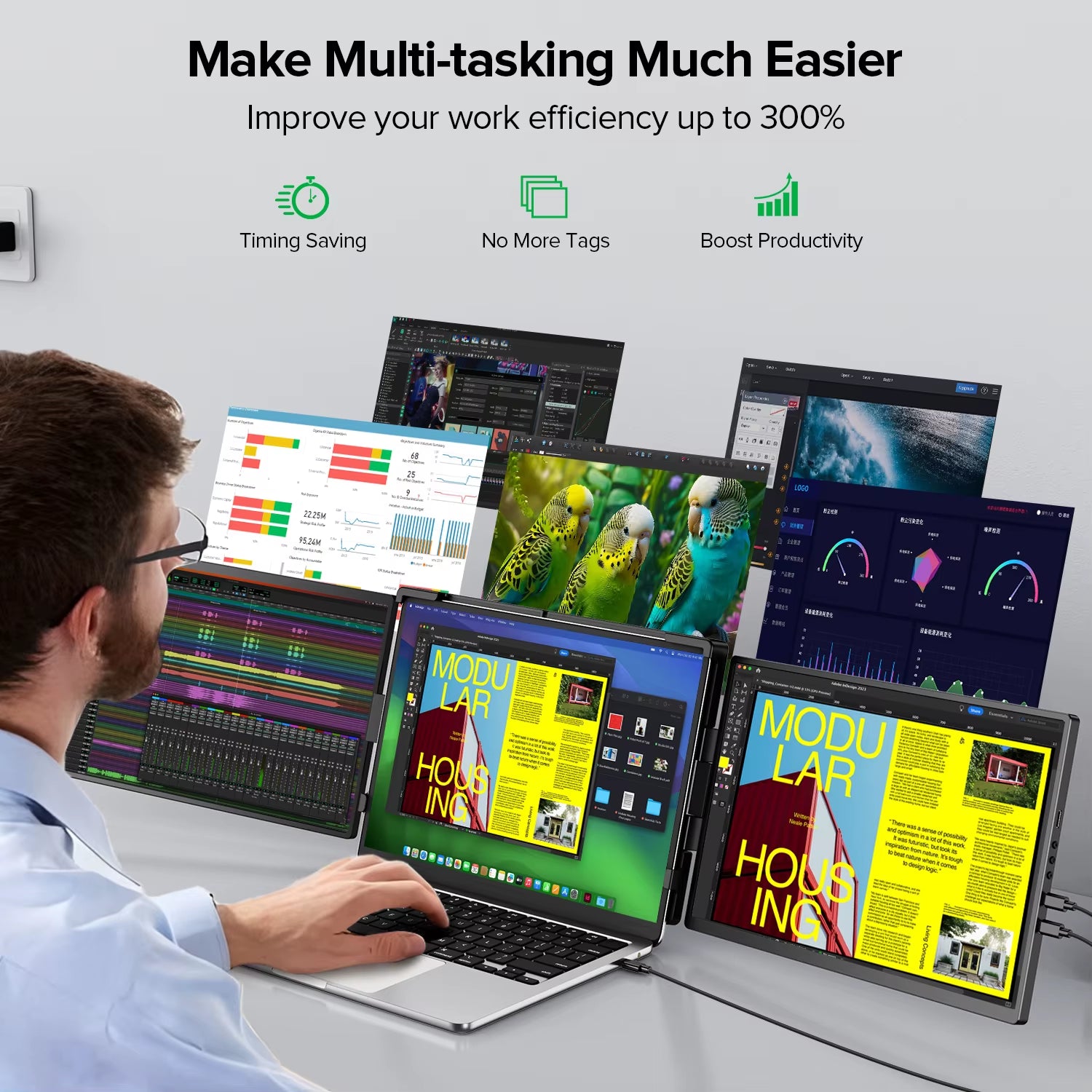 14" Triple Portable Monitor for Laptop 1400P IPS Extender Screen Type-C USB for PC Switch Mac Laptop up to 17.3“