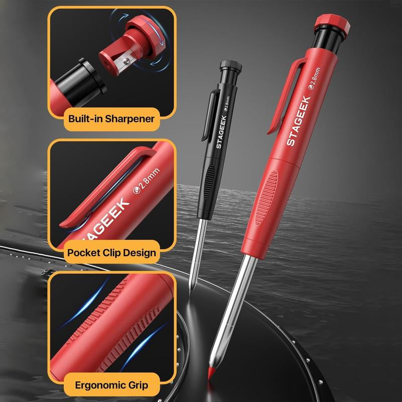 STAGEEK 3 Pack Carpenter Pencil with Sharpener, Mechanical Carpenter Pencils with 39 Refills, Heavy Duty Construction Pencil with Sharpener, Deep Hole Long Nib Marker Pens for Architect Marking - with Case