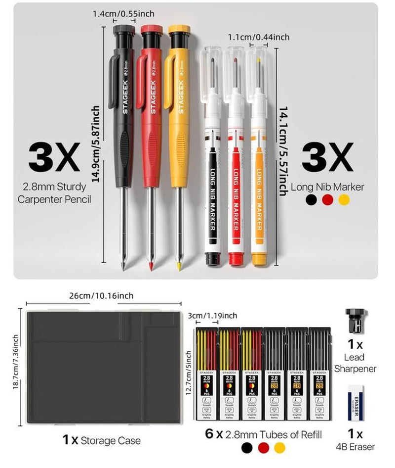 STAGEEK 3 Pack Carpenter Pencil with Sharpener, Mechanical Carpenter Pencils with 39 Refills, Heavy Duty Construction Pencil with Sharpener, Deep Hole Long Nib Marker Pens for Architect Marking - with Case