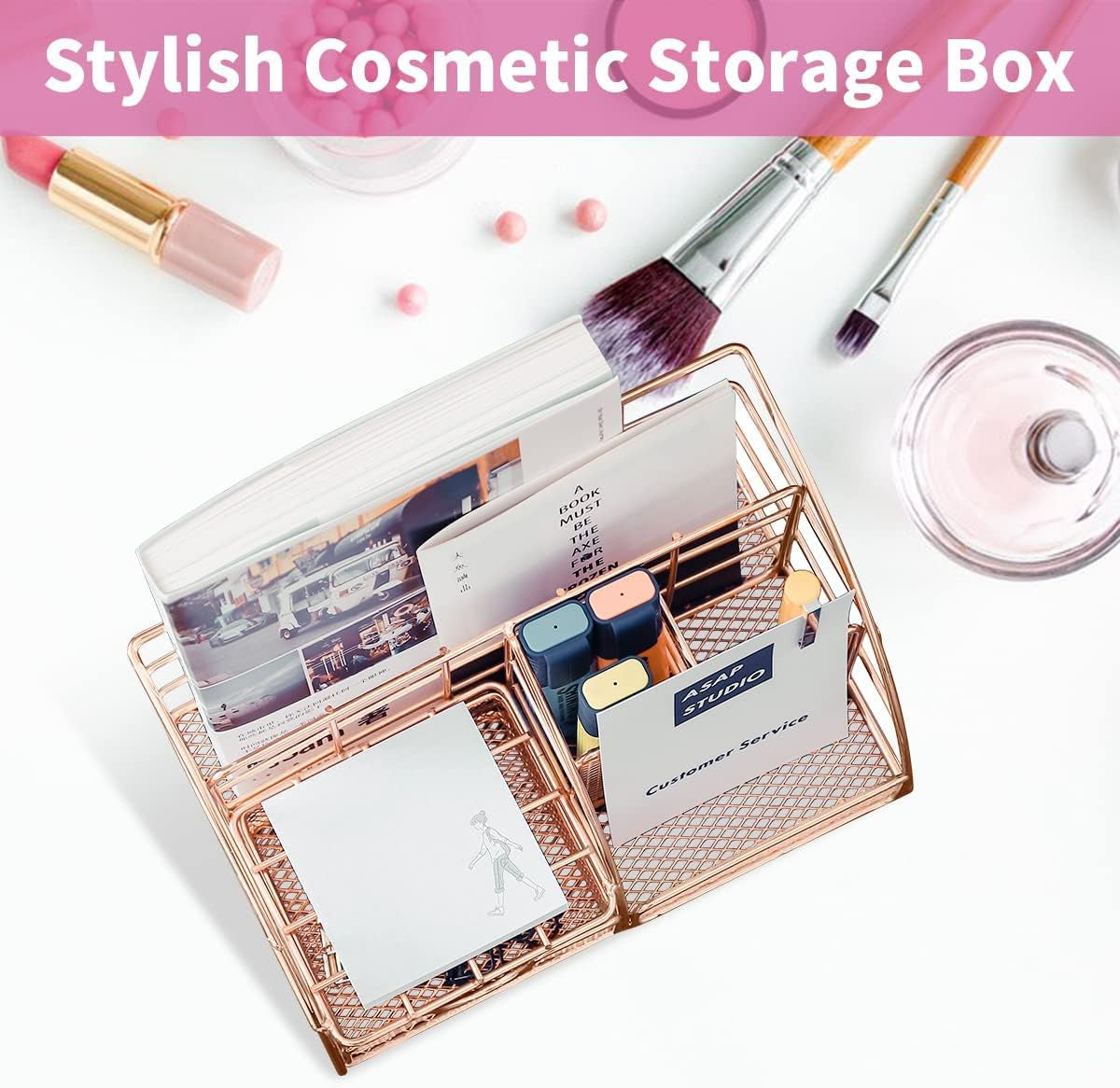 Desk Organizer for Women, Cute Mesh Office Supplies Accessories, Office Supplies Accessories with 5 Compartments, 1 Mini Sliding Drawer, Desktop Organization Decor for Home & Office, Rose Gold