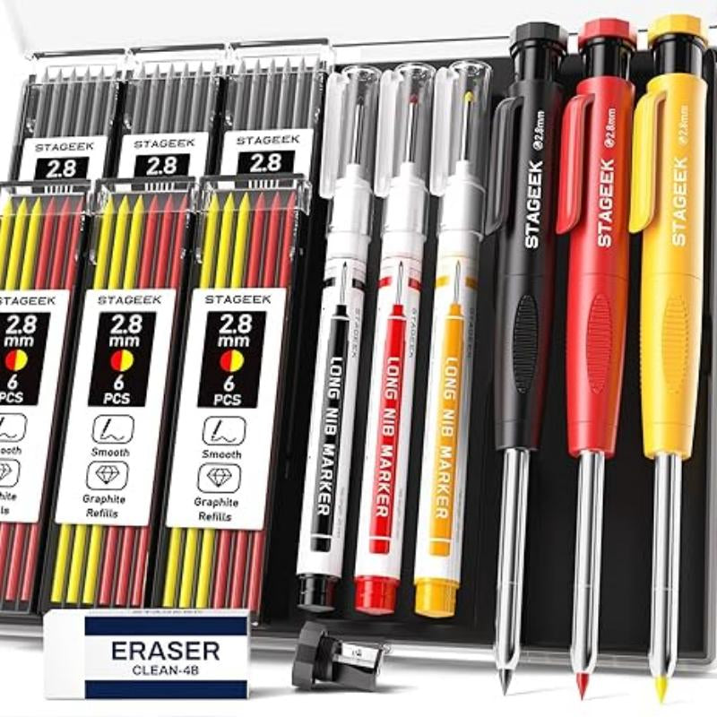 STAGEEK 3 Pack Carpenter Pencil with Sharpener, Mechanical Carpenter Pencils with 39 Refills, Heavy Duty Construction Pencil with Sharpener, Deep Hole Long Nib Marker Pens for Architect Marking - with Case