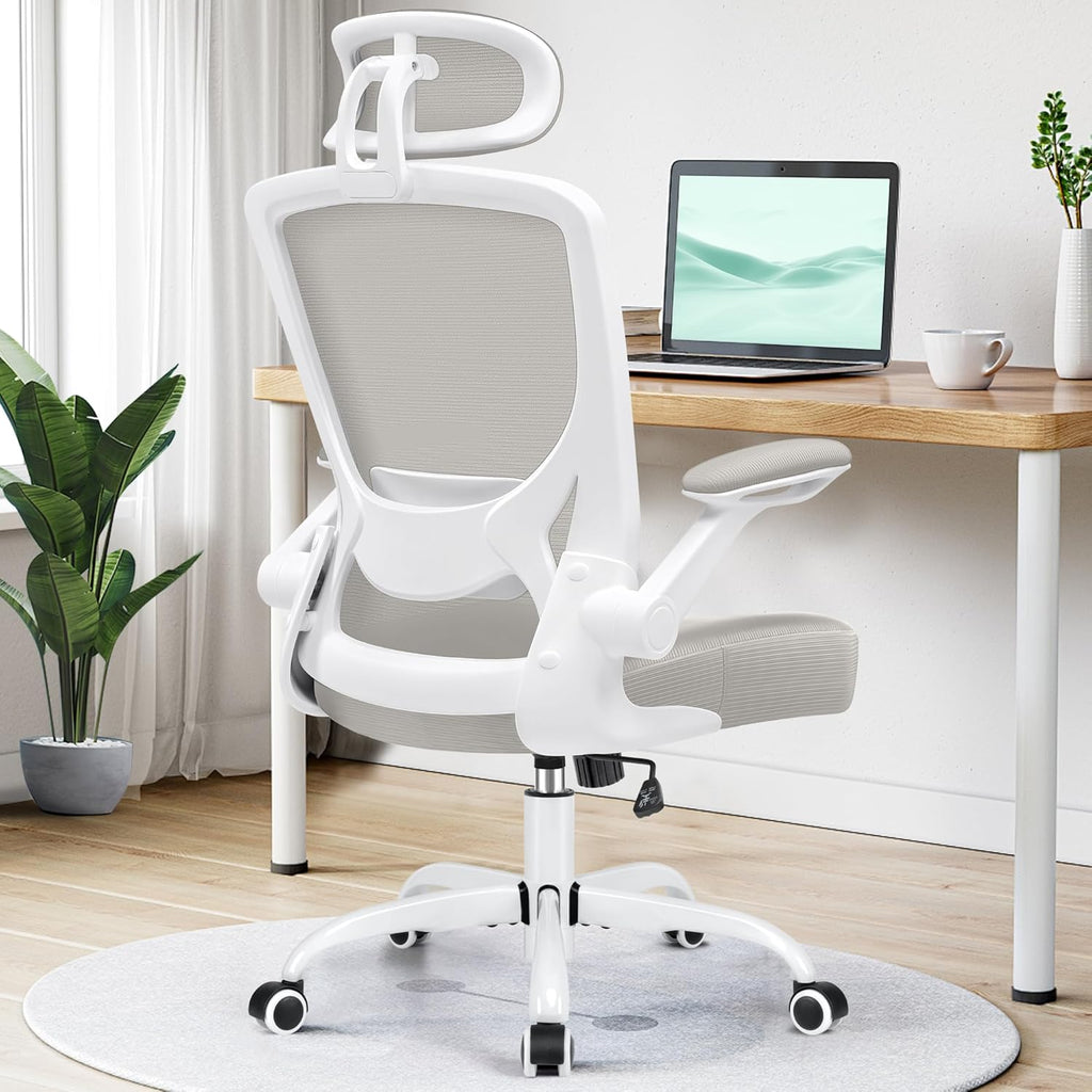 Ergonomic Office Chair, Breathable Mesh Desk Chair, Lumbar Support Computer Chair with Headrest and Flip-Up Arms, Swivel Task Chair, Adjustable Height Gaming Chair, Lightgray