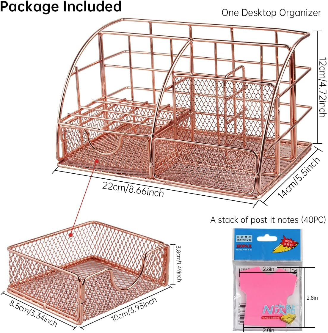 Desk Organizer for Women, Cute Mesh Office Supplies Accessories, Office Supplies Accessories with 5 Compartments, 1 Mini Sliding Drawer, Desktop Organization Decor for Home & Office, Rose Gold