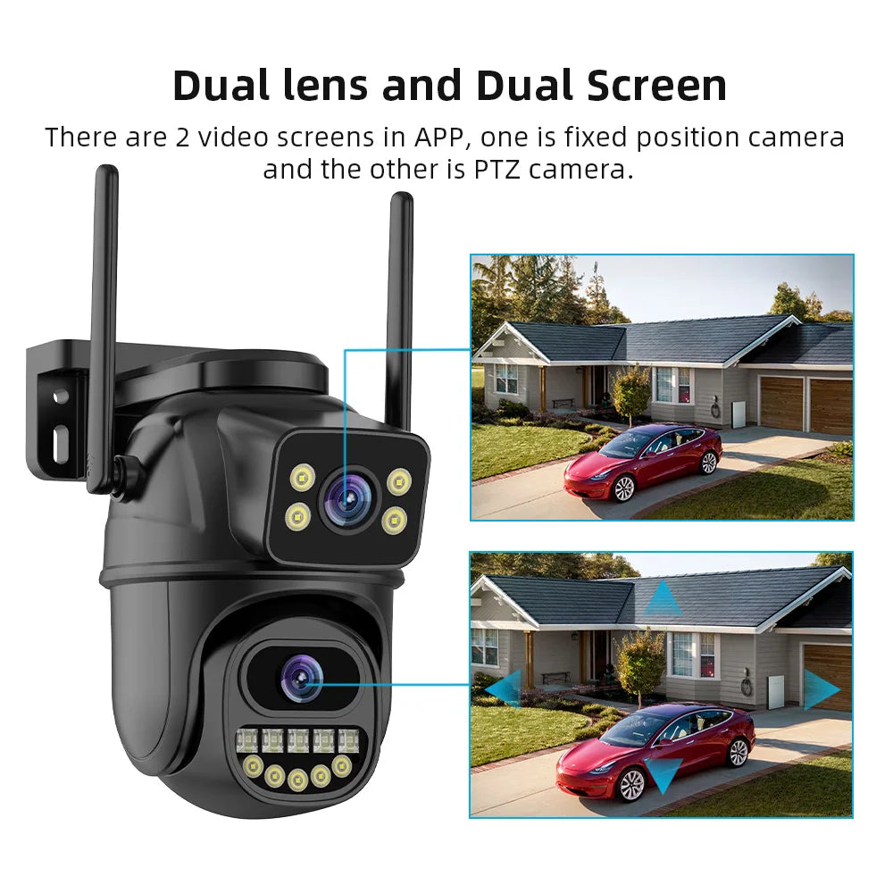 4K 8MP HD Outdoor PTZ Camera with Dual Lens and Dual Screen, AI Auto Tracking, IP CCTV Surveillance with Audio and Video, P2P Icsee Compatible