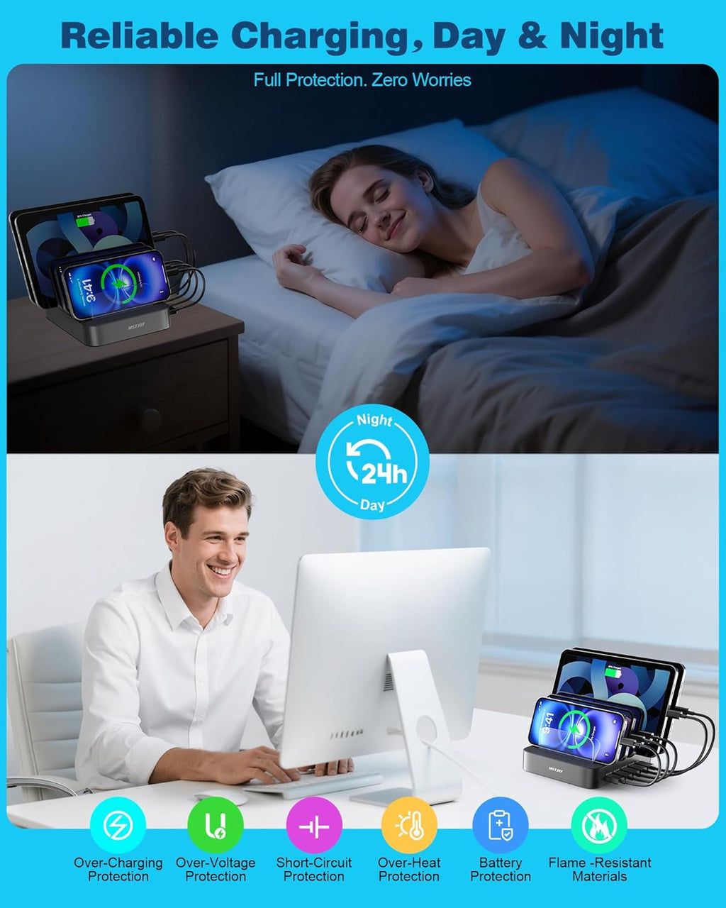 Charging Station for Multiple Devices : 5 Port Multi USB-A Charger Stations Multi-Device Organizer Charging Dock Designed for Iphone Ipad Cell Phone Tablets (7 Short Cables Included), Gray