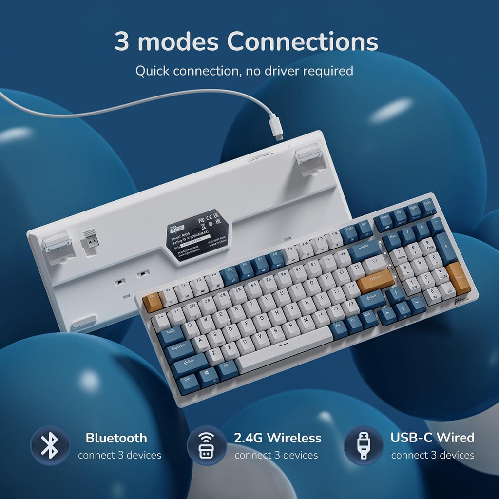 RK98 Wireless Mechanical Keyboard, Tri-Mode 2.4G/BT5.1/USB-C Hot Swappable Full Size Keyboard, RGB Backlit Gaming Keyboard, Massive Battery Software Support, Brown Switch