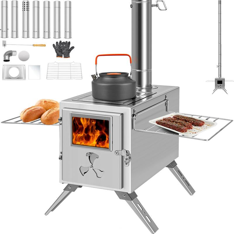 Docred Tent Wood Stove, Camping Gear for Hot Tent, 83 Inch, Portable Stainless Steel Wood Burning Stove with 7 Chimney Pipes & Gloves for Wall Tent Camping, Cooking, Ice Fishing, Hunting, Boiling Water, Keep Warm