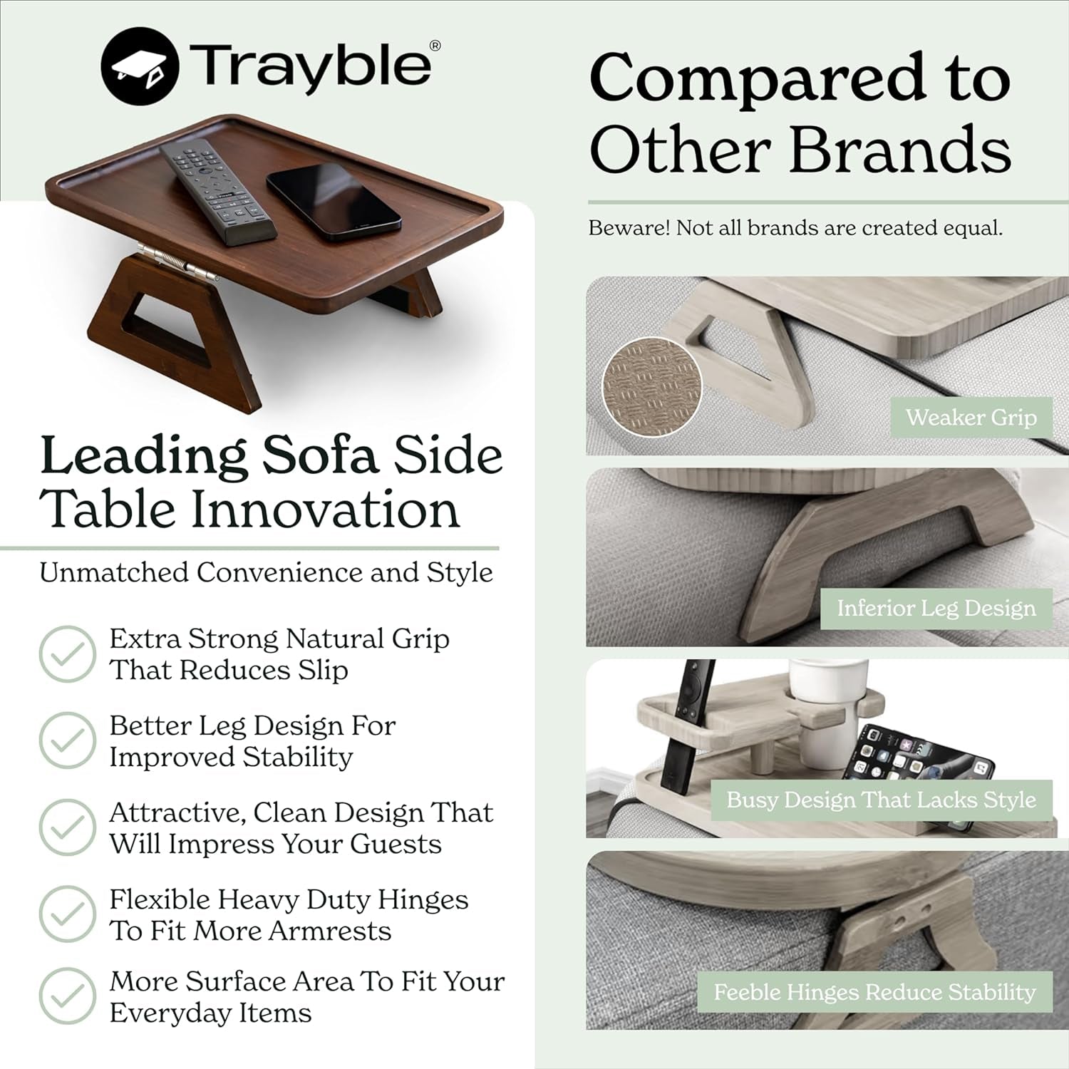 Bamboo Couch Arm Table - Clip-On Tray for Snacks, Drinks & TV Dinners, 13.75 x 9.5 Inch, Brown
