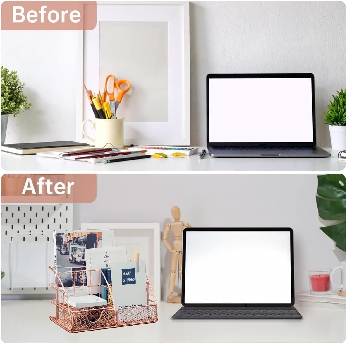 Desk Organizer for Women, Cute Mesh Office Supplies Accessories, Office Supplies Accessories with 5 Compartments, 1 Mini Sliding Drawer, Desktop Organization Decor for Home & Office, Rose Gold