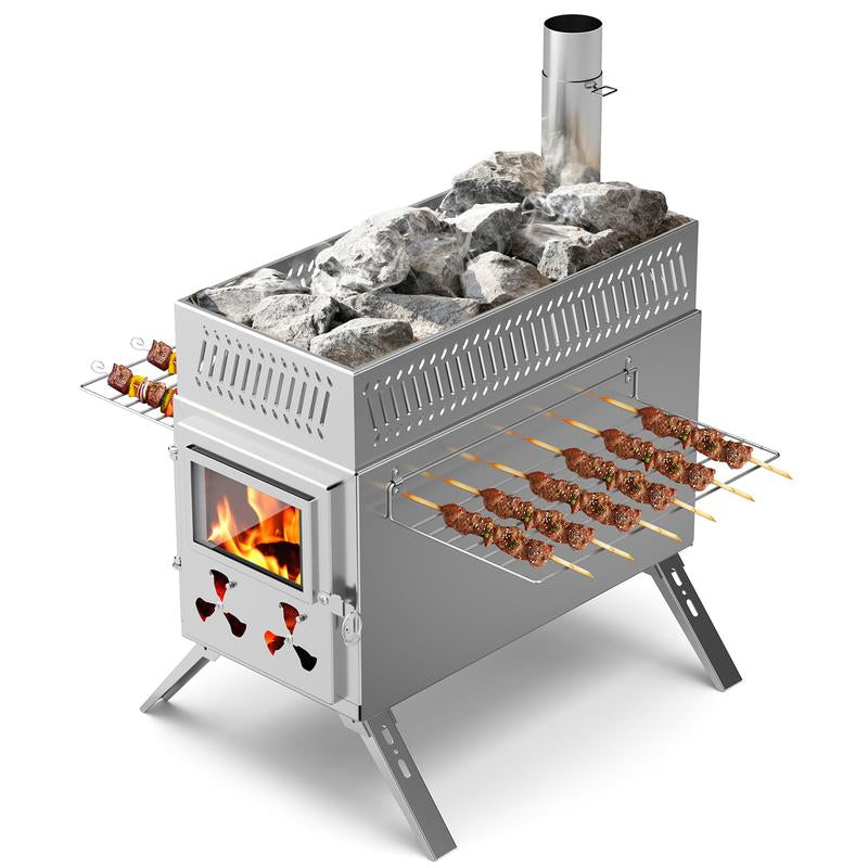 Docred Tent Wood Stove, Camping Gear for Hot Tent, 83 Inch, Portable Stainless Steel Wood Burning Stove with 7 Chimney Pipes & Gloves for Wall Tent Camping, Cooking, Ice Fishing, Hunting, Boiling Water, Keep Warm