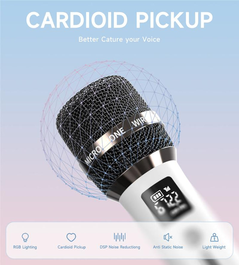 Wireless Microphones, Micorphone with One-To-One Chip Connection and LED Lights, 40H Duration, 200FT Range Receiving, Volume Control Karaoke Micorphone for Singing, Speech, Home Party, Youtube/Tiktok