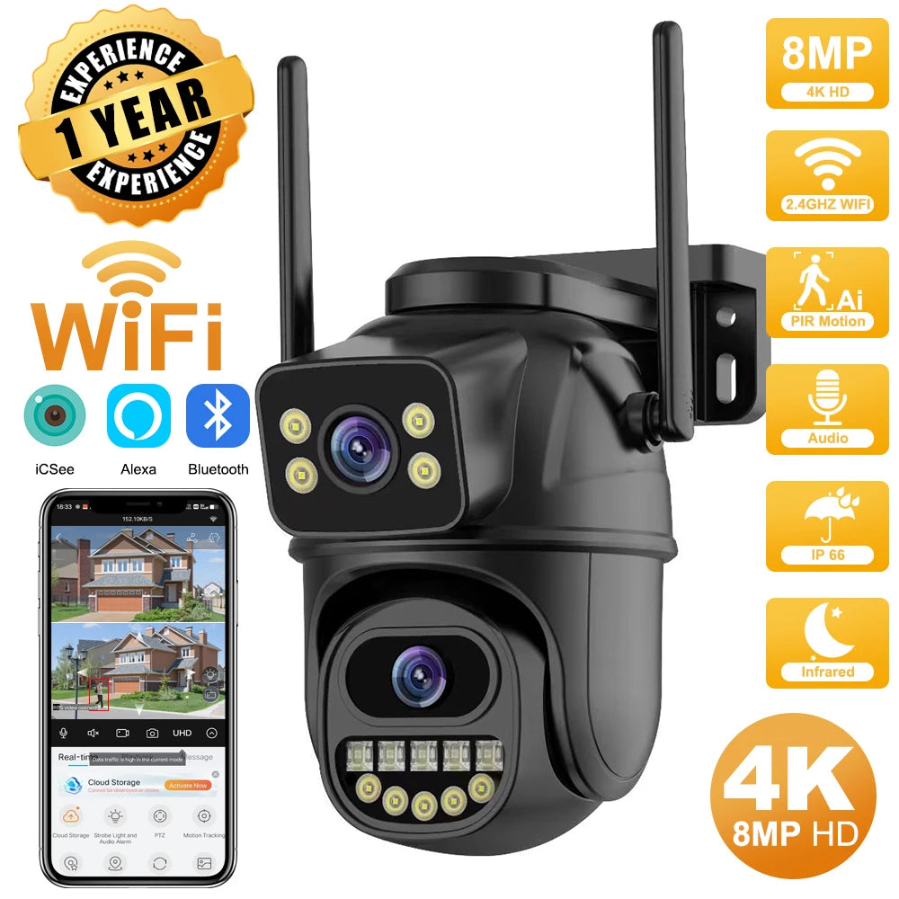 4K 8MP HD Outdoor PTZ Camera with Dual Lens and Dual Screen, AI Auto Tracking, IP CCTV Surveillance with Audio and Video, P2P Icsee Compatible
