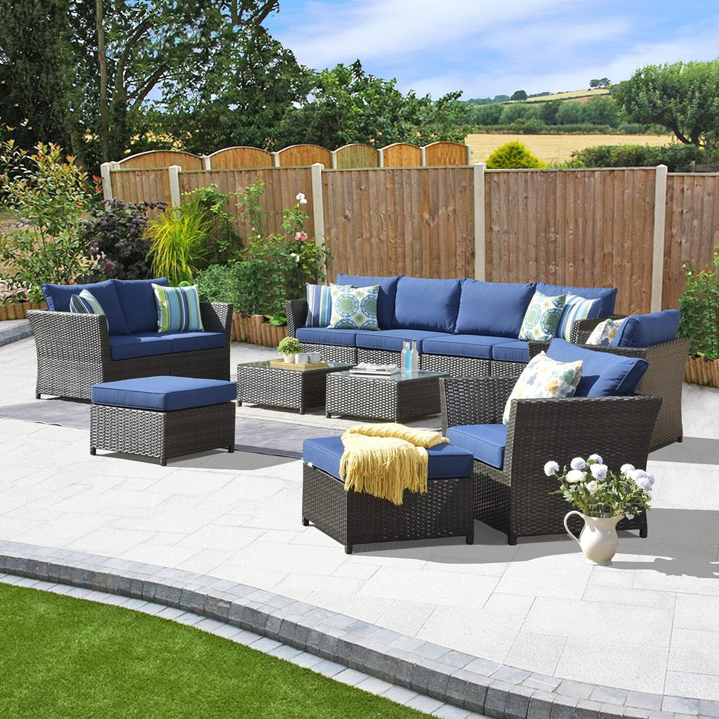 Patio Furniture Set Outdoor Sectional Sofa No Assembly Required 12 Pieces All Weather Wicker Conversation Set with Furniture Covers and 4 Pillows,12 PCS Navy Blue