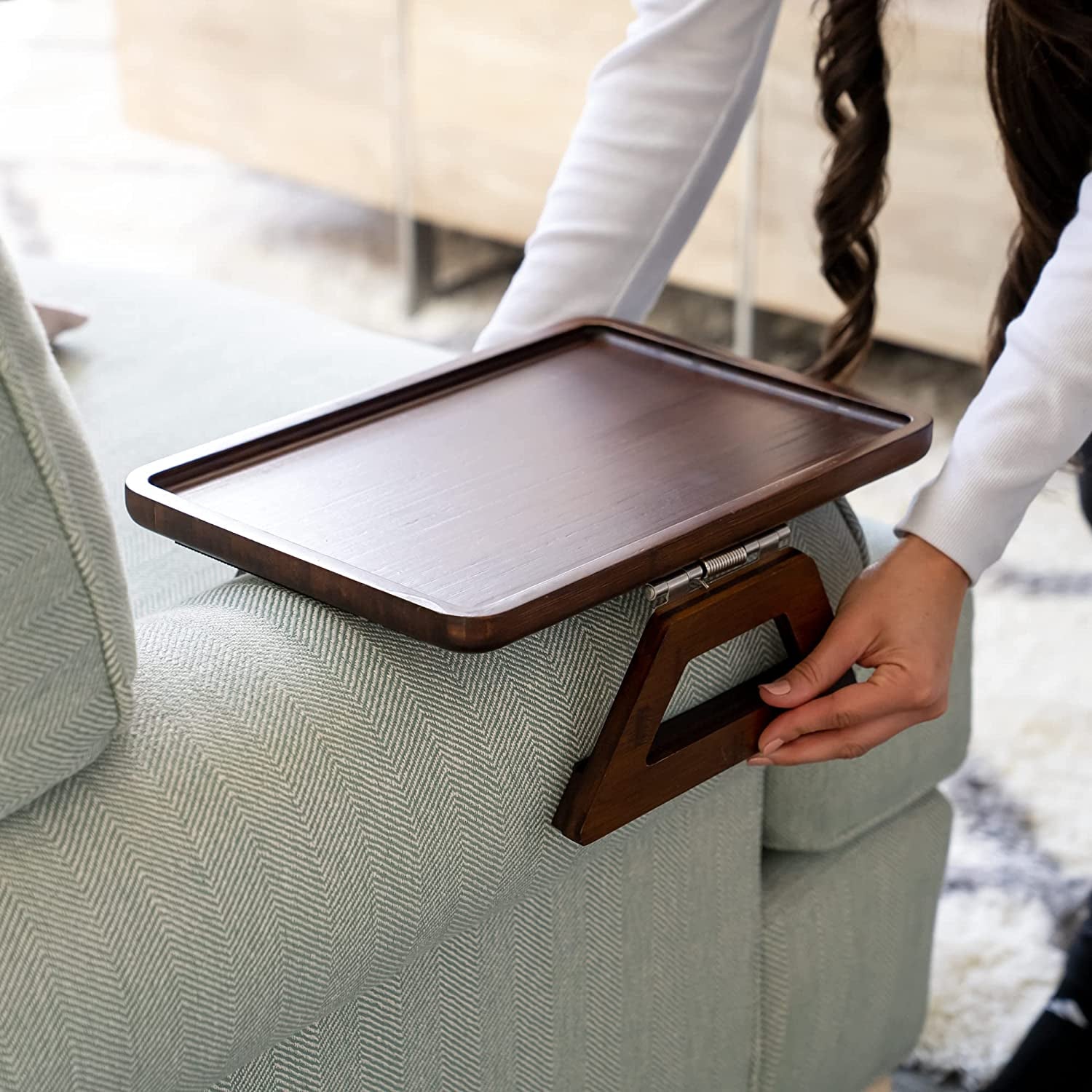 Bamboo Couch Arm Table - Clip-On Tray for Snacks, Drinks & TV Dinners, 13.75 x 9.5 Inch, Brown