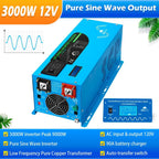 3000W DC 12V Peak 9000W Inverter Charger Pure Sine Wave Upgrade, AC 120V with 90A Battery AC Charger LCD Display, Low Frequency Inverter, for RV, Trailer, Camper, Home, Boat