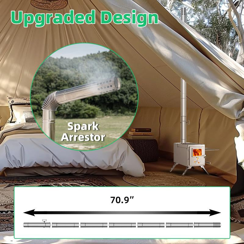 Docred Tent Wood Stove, Camping Gear for Hot Tent, 83 Inch, Portable Stainless Steel Wood Burning Stove with 7 Chimney Pipes & Gloves for Wall Tent Camping, Cooking, Ice Fishing, Hunting, Boiling Water, Keep Warm