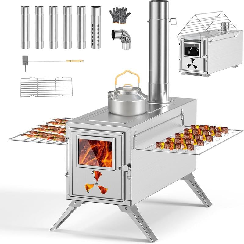 Docred Tent Wood Stove, Camping Gear for Hot Tent, 83 Inch, Portable Stainless Steel Wood Burning Stove with 7 Chimney Pipes & Gloves for Wall Tent Camping, Cooking, Ice Fishing, Hunting, Boiling Water, Keep Warm