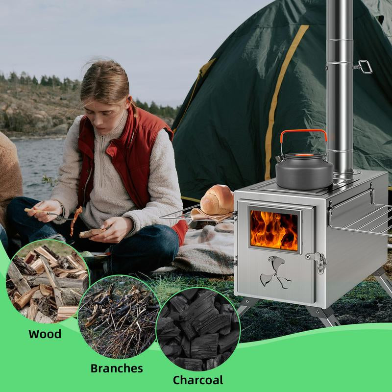 Docred Tent Wood Stove, Camping Gear for Hot Tent, 83 Inch, Portable Stainless Steel Wood Burning Stove with 7 Chimney Pipes & Gloves for Wall Tent Camping, Cooking, Ice Fishing, Hunting, Boiling Water, Keep Warm