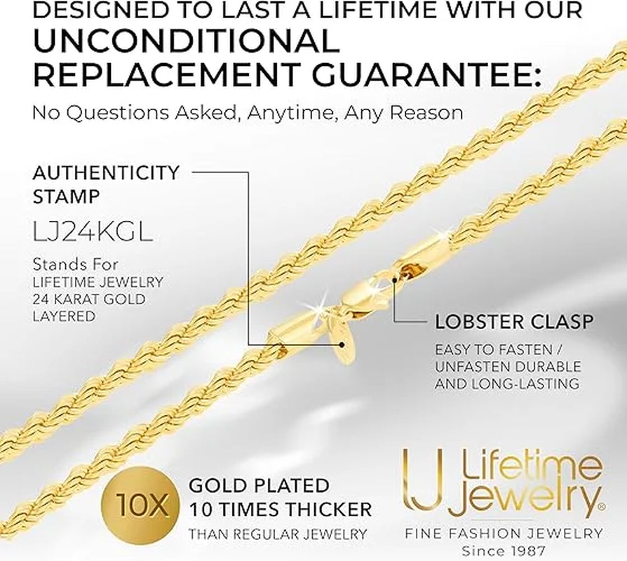 5Mm Rope Chain Necklace 24K Real Gold Plated- Women and Men (36 Inches)