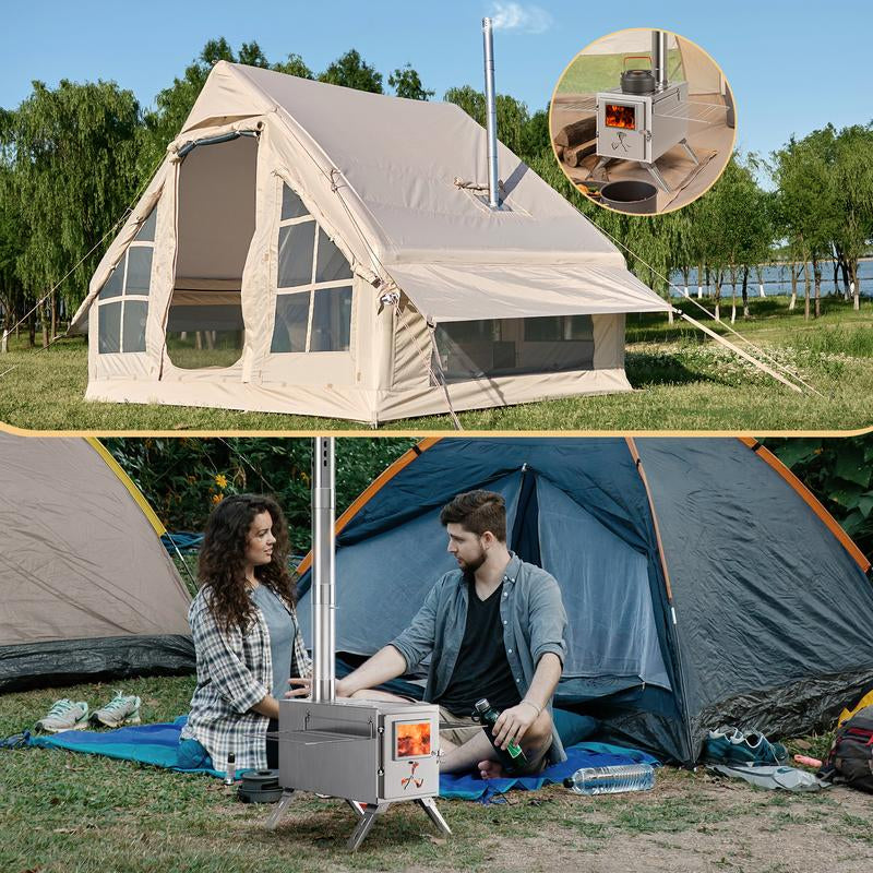 Docred Tent Wood Stove, Camping Gear for Hot Tent, 83 Inch, Portable Stainless Steel Wood Burning Stove with 7 Chimney Pipes & Gloves for Wall Tent Camping, Cooking, Ice Fishing, Hunting, Boiling Water, Keep Warm