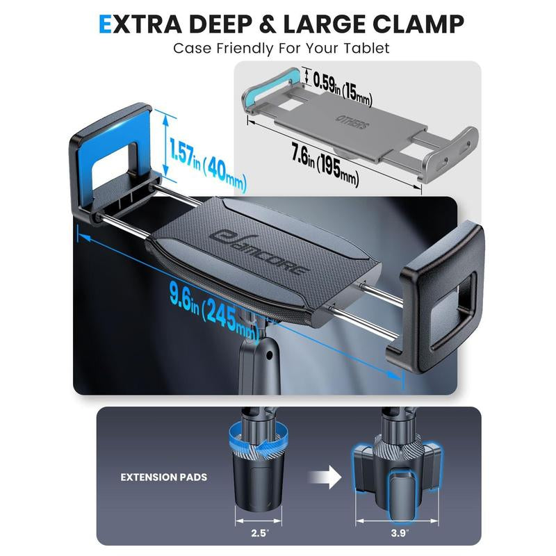 Tablet Holder for Car Ipad Cup Mount with 1.57" Depth Large Clamp 15" Height Adjustable Tab 6"-12.9" Cell Phone Stand Travel Accessories