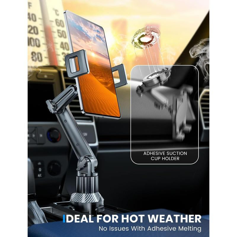 Tablet Holder for Car Ipad Cup Mount with 1.57" Depth Large Clamp 15" Height Adjustable Tab 6"-12.9" Cell Phone Stand Travel Accessories