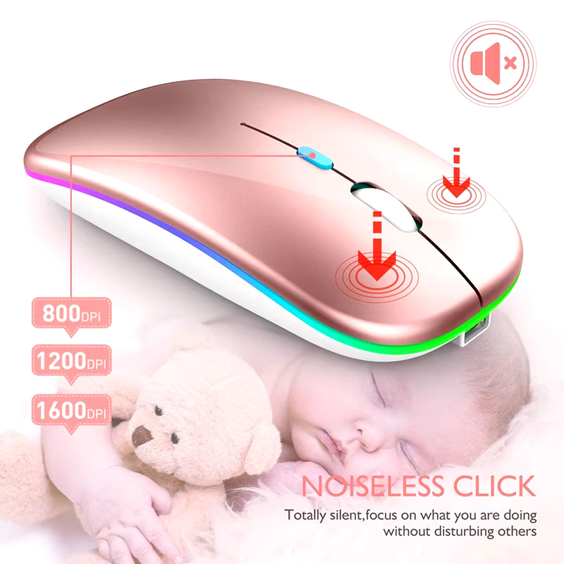 Sleek Rechargeable Bluetooth Mouse - 2.4GHz Wireless, Silent, LED Backlit, 1600 DPI for Ultimate Gaming & Productivity on PC & Laptop