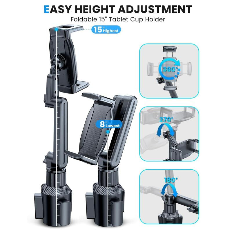 Tablet Holder for Car Ipad Cup Mount with 1.57" Depth Large Clamp 15" Height Adjustable Tab 6"-12.9" Cell Phone Stand Travel Accessories