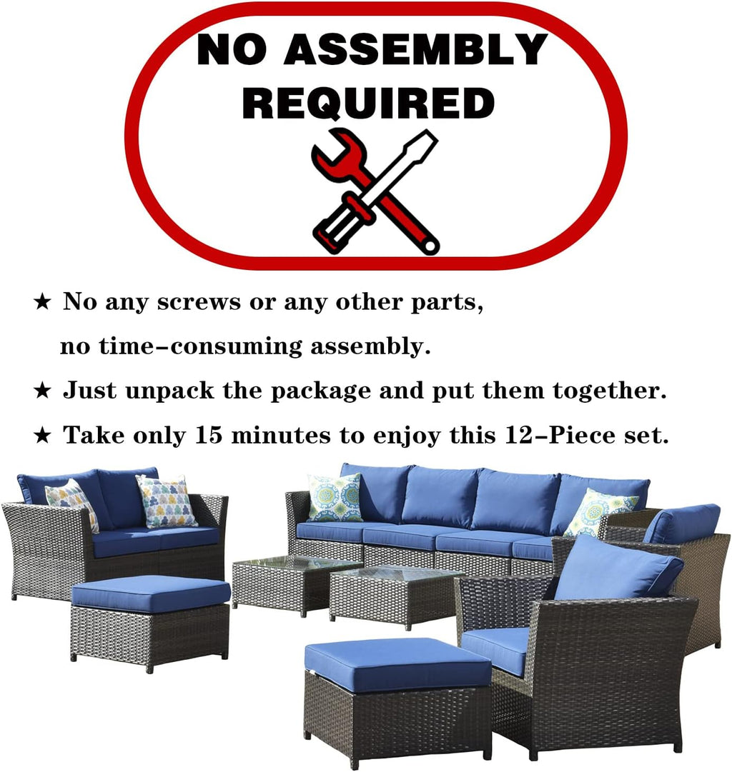 Patio Furniture Set Outdoor Sectional Sofa No Assembly Required 12 Pieces All Weather Wicker Conversation Set with Furniture Covers and 4 Pillows,12 PCS Navy Blue