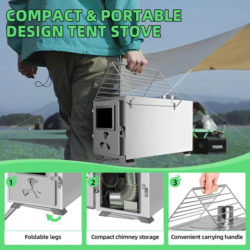 Docred Tent Wood Stove, Camping Gear for Hot Tent, 83 Inch, Portable Stainless Steel Wood Burning Stove with 7 Chimney Pipes & Gloves for Wall Tent Camping, Cooking, Ice Fishing, Hunting, Boiling Water, Keep Warm