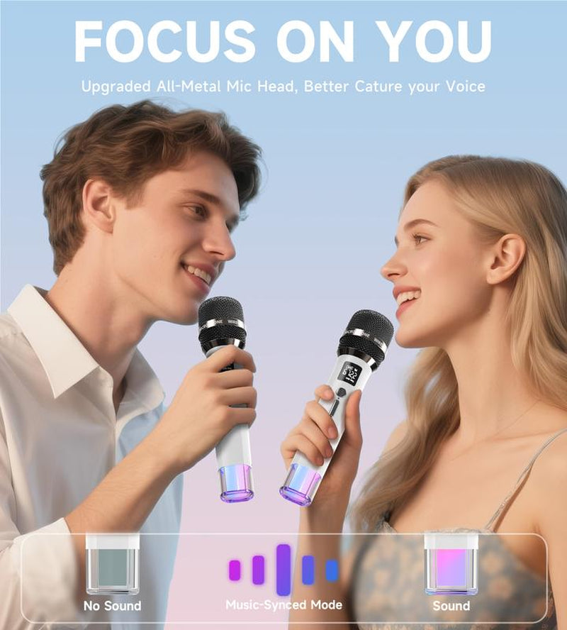 Wireless Microphones, Micorphone with One-To-One Chip Connection and LED Lights, 40H Duration, 200FT Range Receiving, Volume Control Karaoke Micorphone for Singing, Speech, Home Party, Youtube/Tiktok