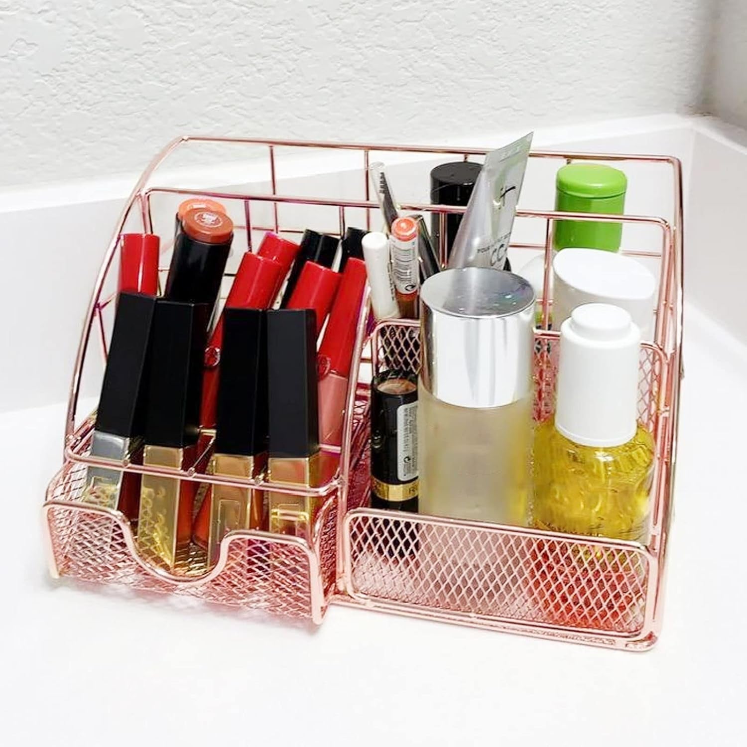 Desk Organizer for Women, Cute Mesh Office Supplies Accessories, Office Supplies Accessories with 5 Compartments, 1 Mini Sliding Drawer, Desktop Organization Decor for Home & Office, Rose Gold