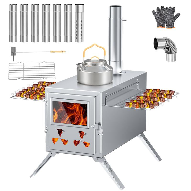 Docred Tent Wood Stove, Camping Gear for Hot Tent, 83 Inch, Portable Stainless Steel Wood Burning Stove with 7 Chimney Pipes & Gloves for Wall Tent Camping, Cooking, Ice Fishing, Hunting, Boiling Water, Keep Warm
