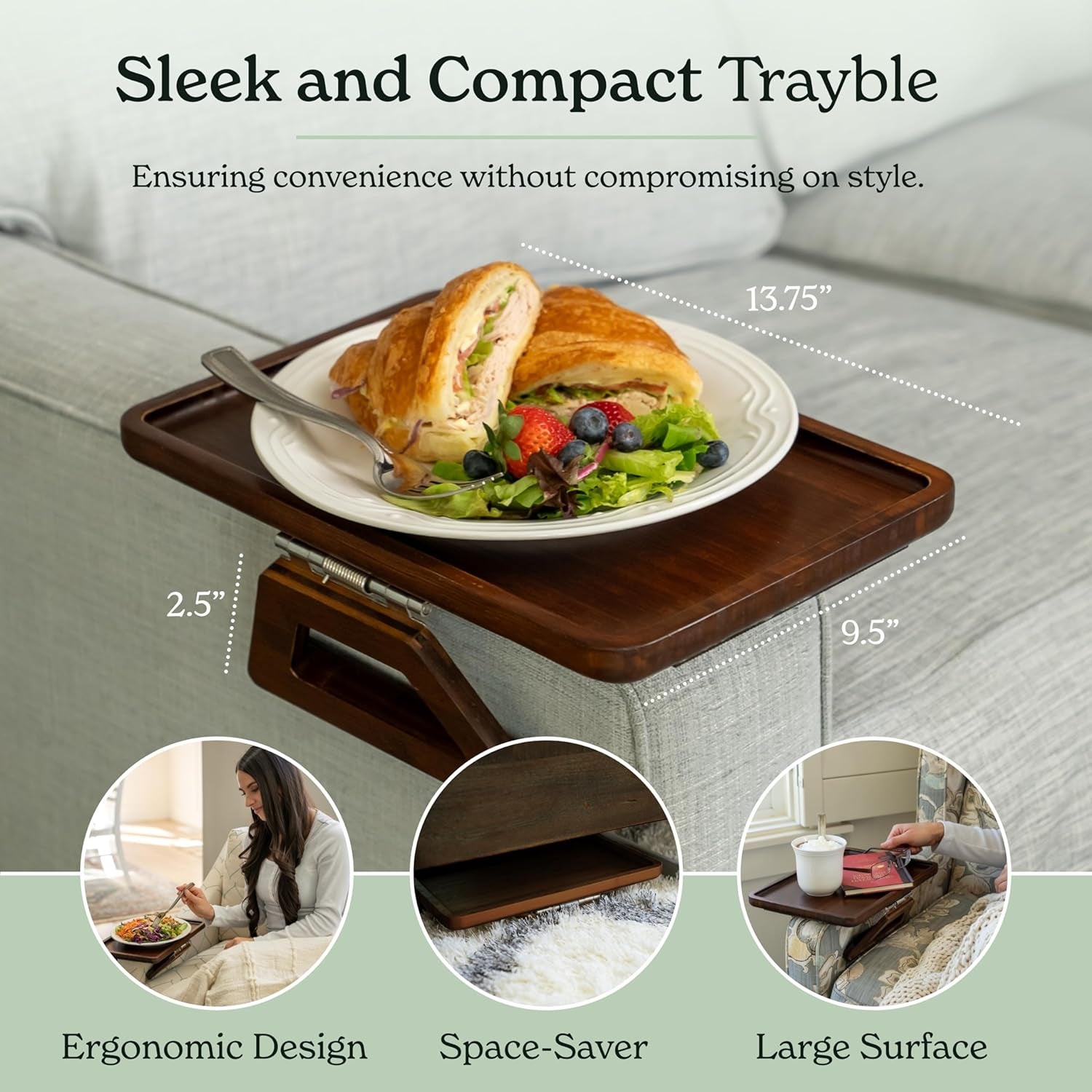 Bamboo Couch Arm Table - Clip-On Tray for Snacks, Drinks & TV Dinners, 13.75 x 9.5 Inch, Brown