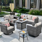 Lovall Rattan Wicker 7 - Person Seating Group with Fire Pit and Cushions
