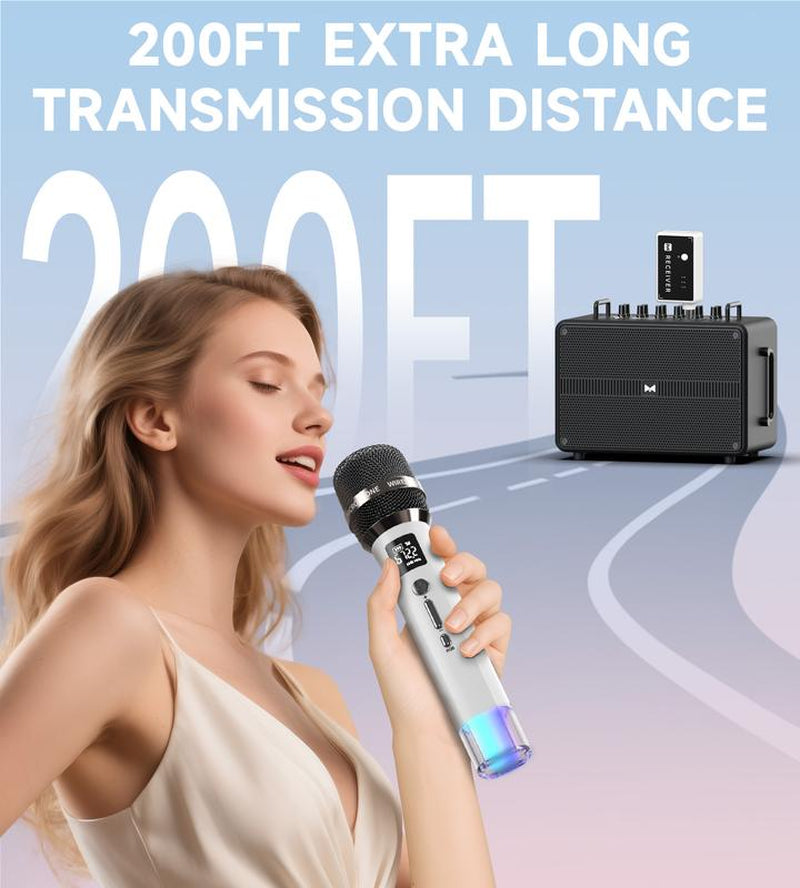 Wireless Microphones, Micorphone with One-To-One Chip Connection and LED Lights, 40H Duration, 200FT Range Receiving, Volume Control Karaoke Micorphone for Singing, Speech, Home Party, Youtube/Tiktok