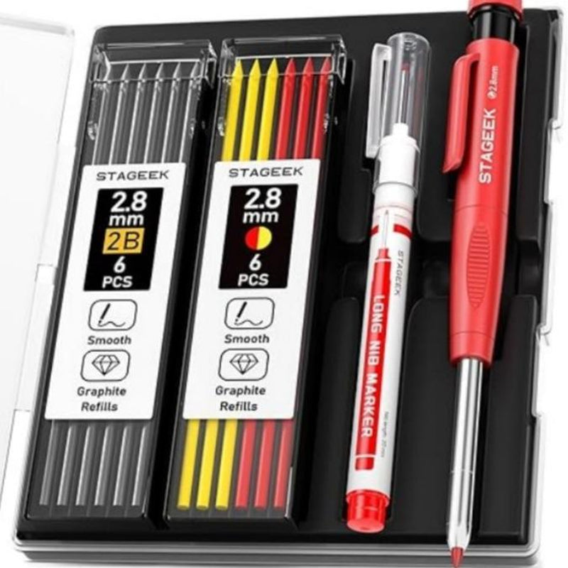 STAGEEK 3 Pack Carpenter Pencil with Sharpener, Mechanical Carpenter Pencils with 39 Refills, Heavy Duty Construction Pencil with Sharpener, Deep Hole Long Nib Marker Pens for Architect Marking - with Case
