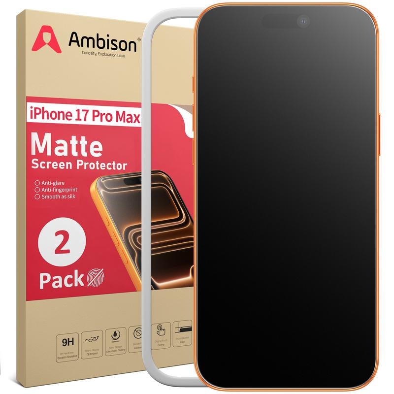 Ambison 2 Pack Matte Screen Protector for Iphone 13/14/15/16/17Air/Pro/Pro Max 2025 Tempered Glass, ,Scratch Resistance Military Grade, anti Glare & anti Fingerprint, No Bubbles, Smooth as Silk, Easy Installation Frame