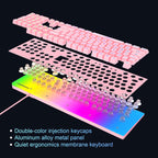 GT838 Gaming Keyboard and Mouse Combo, 104 Keys RGB Backlit Quiet Wired Keyboards for Laptop PC MAC, with Number Pad, Metal Panel, Anti-Ghosting, Pink