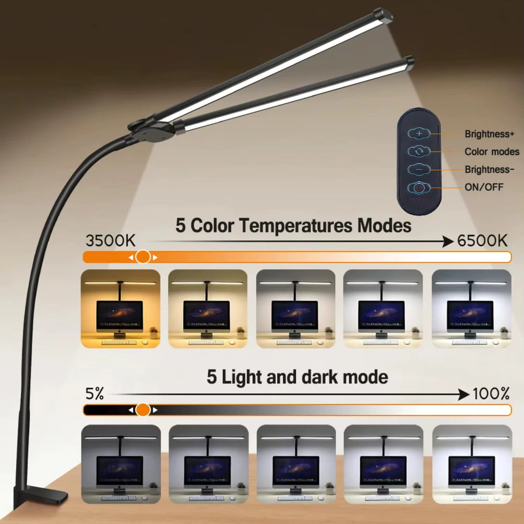 Double LED Desk Lamp Dimmable USB Reading Light Eye Protection Office