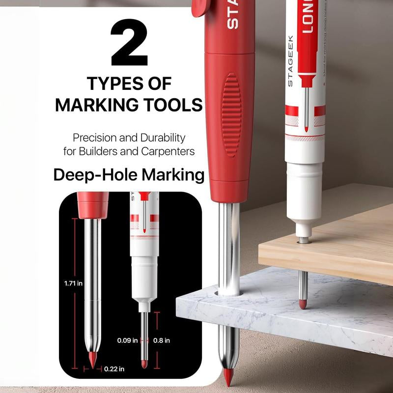 STAGEEK 3 Pack Carpenter Pencil with Sharpener, Mechanical Carpenter Pencils with 39 Refills, Heavy Duty Construction Pencil with Sharpener, Deep Hole Long Nib Marker Pens for Architect Marking - with Case